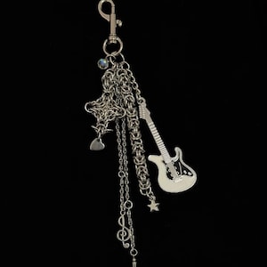 Punk Stainless Steel Guitar Keychain,Silver Woven Metal Keychain,Gothic Spike Bag accessory,Y2K Star Phone Charm,Edgy Unisex Jewelry Gift