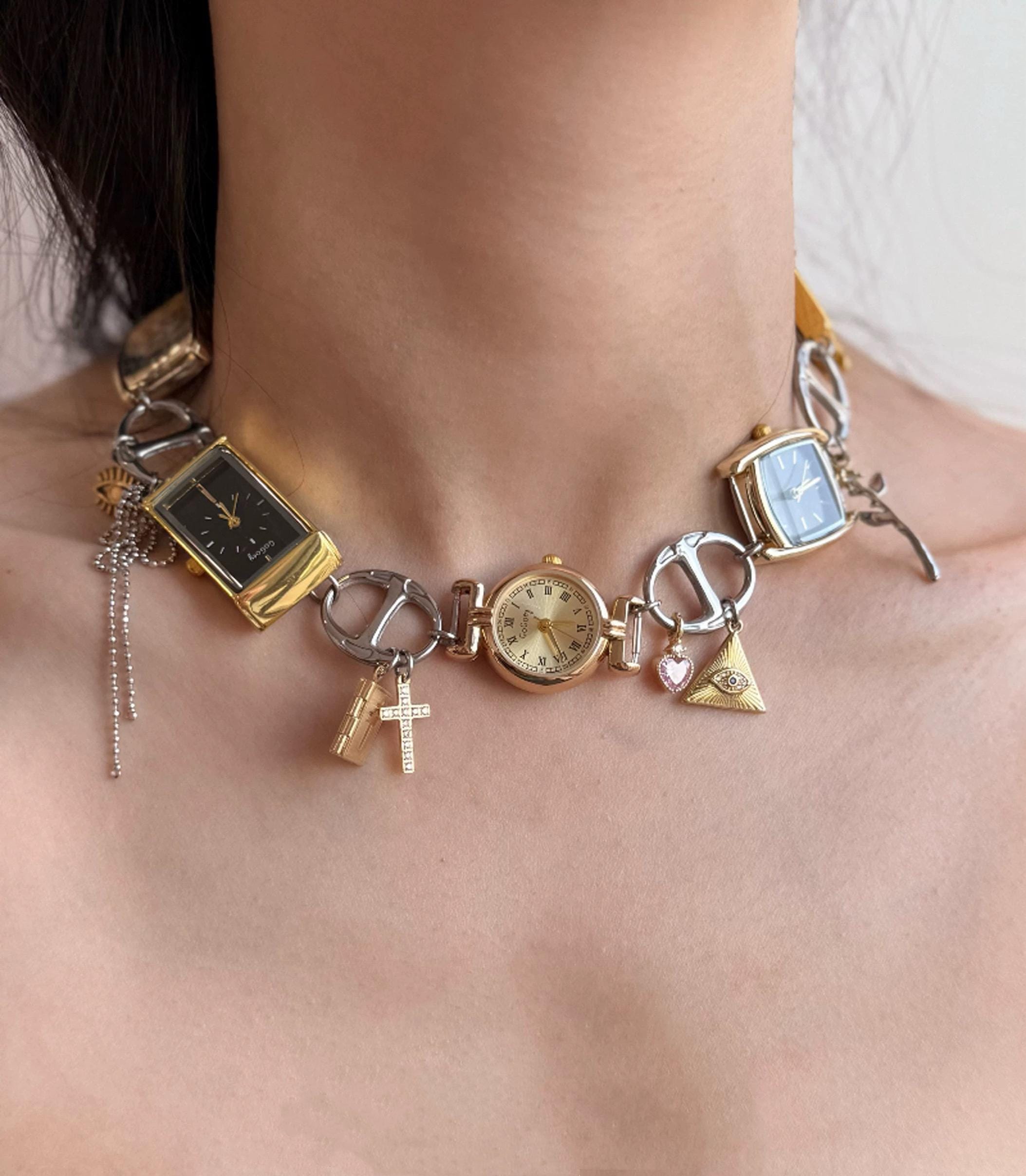 Vintage punk cross charm watch choker necklace,heart charm watch necklace,grunge clock watch jewelry,gold watch choker,Y2K watch gift