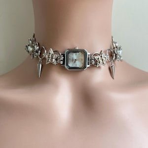 Punk Silber Uhr Choker Halskette,Gothic Uhr Halskette,Grunge Spike Silber Kette Choker,Y2K Stern Charm Uhr Schmuck,Unisex Uhr Halsband