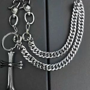 Corrente de calça prateada retrô com entalhe de rosa, corrente de calça prateada grossa, corrente de calça punk, corrente de calça grunge, joia Y2K para presente.