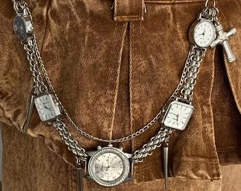 Punk silver watch pants chain,Y2K silver chain pants accessory, grunge cross pants chain, gothic spike waist chain, chunky silver chain gift
