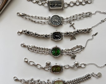 Handmade Punk Watch Bracelet,Black Dial Wrist Watch,Cross Charm Wrist Watch,Y2K Clock Bracelet,Green Watch Bracelet Gift,Grunge Silver Watch
