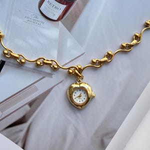 Vintage Gold Heart Watch Necklace,Irregular Patchwork Clock Jewelry,Elegant Y2K Watch Choker,Wedding Jewelry Gift for Her,Gold Watch Jewelry