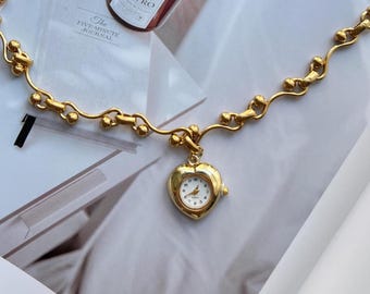 Vintage gouden horlogeketting met hart, onregelmatige patchwork klok sieraden, elegante Y2K horloge choker, bruiloft sieraden cadeau voor haar, gouden horloge sieraden
