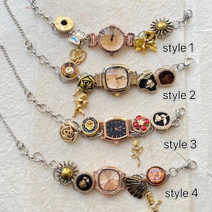 Vintage Gold Watch Bracelet&Choker,Wrist Watch Gift, Button Multi Charms Watch Jewelry. Y2K Clock Bracelet,Luxurious Watch Jewelry for Her