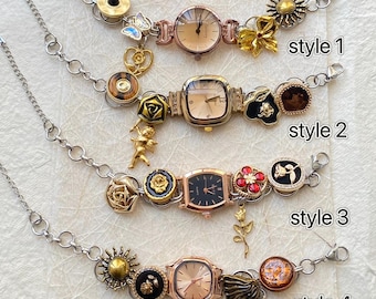Vintage Gold Watch Bracelet&Choker,Wrist Watch Gift, Button Multi Charms Watch Jewelry. Y2K Clock Bracelet,Luxurious Watch Jewelry for Her
