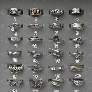 Puede incluir: Una colecci&oacute;n de veinticuatro anillos plateados exhibidos en un estuche gris. Los anillos presentan varios dise&ntilde;os, incluyendo patrones florales, animales y geom&eacute;tricos. Cada anillo est&aacute; numerado.