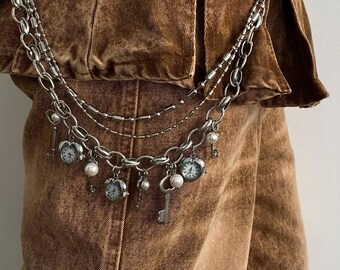 Punk silver watch necklace & watch belt, dual wearing styles, retro silver chunky pants chain, pearl watch choker, grunge cross pants chain