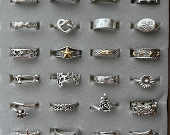 Buy 2 Free Shipping!Punk silver rings,Y2K stackable rings,vintage silver ring,grunge unisex adjustable ring set,gothic statement rings gift