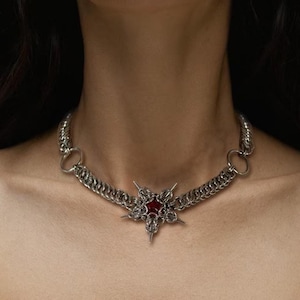 Punk Stainless Steel Woven Star Choker Necklace,Grunge Ruby Star Pendant Gothic Choker,Chunky Silver Chain Necklace,Edgy Unisex Jewelry Gift
