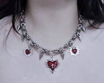 Gothic rotes Herz Anhänger Halskette, Punk Silber Halsband Halsband, Grunge Spike Halskette, Y2K Silber Kette Halsband, unisex edgy Halskette Geschenk