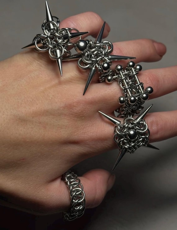 Grunge Woven Metal Ring,Punk Titanium Rings,Gothic Spike Ring,Unisex Edgy Rings.Handmade Silver Chunky Rings,Statement Ring,Punk Jewelry