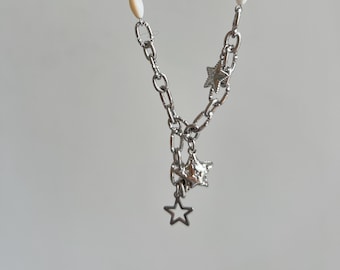 Y2K ster hanger ketting, gelaagde zilveren ster ketting, leuke ster charme ketting, gemengde ketting kralen ketting, punk uniseks sieraden cadeau