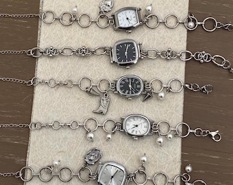 Vintage Silver Watch Bracelet,Pearl Watch Bracelet, Punk Black Wrist Watch, White Clock Jewelry. Y2K Bracelet,Unisex Punk Watch Jewelry Gift
