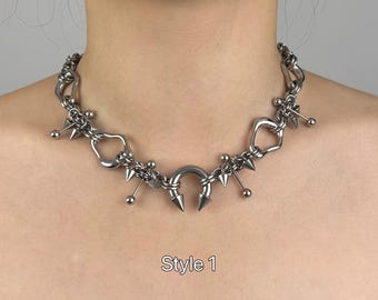 Gothic Silver Woven  Stainless Steel Choker Necklace, Punk Irregular Metal Choker,Iron Neck Chain,Unisex Piercing Septum Chunky Chain Choker