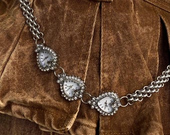 Punk silver 3-watch necklace & watch pants chain,dual wearing styles,silver chunky pants chain, Y2K silver watch choker, grunge pants chain.
