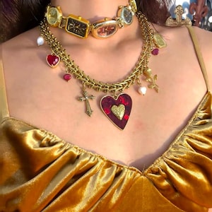 Vintage Punk Gold Watch Choker, Red Heart Pendant Necklace, Gothic Cross Charm Necklace, Y2K Maximalist Jewelry,Grunge Clock Necklace Gift