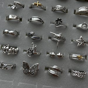Puede incluir: Una colecci&oacute;n de anillos de plata con diversos dise&ntilde;os, incluyendo mariposas, flores y patrones geom&eacute;tricos. Los anillos se exhiben en una bandeja de joyer&iacute;a gris, mostrando sus intrincados detalles y estilos.