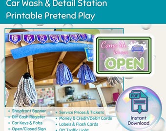 Peut inclure: Un kit de jeu de rôle imprimable pour station de lavage et de détail automobile avec une bannière CAR WASH, un panneau OPEN, et une liste d'éléments inclus comme une caisse enregistreuse, des prix, des tickets, de la monnaie et des cartes.