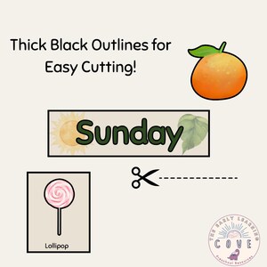 K&ouml;nnte beinhalten: Lehrreiche Grafik mit dem Text "Thick Black Outlines for Easy Cutting!" und Illustrationen einer Orange, eines "Sunday"-Banners und eines Lollipops. Der Lolli ist mit "Lollipop" beschriftet. Das Logo The Early Learning Cove befindet sich unten rechts.