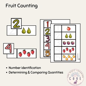 K&ouml;nnte beinhalten: Lehrreiche Obst-Z&auml;hlkarten. Die Karten zeigen die Zahlen 1-5 mit entsprechenden Illustrationen von Fr&uuml;chten wie &Auml;pfeln, Birnen, Pflaumen, Erdbeeren und Orangen. Der Text "Fruit Counting" steht oben. F&uuml;r die Zahlenidentifizierung und Mengenvergleich.