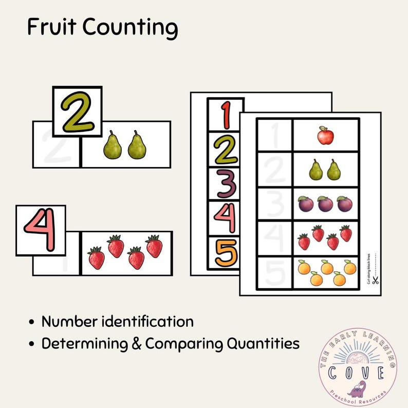 K&ouml;nnte beinhalten: Lehrreiche Obst-Z&auml;hlkarten. Die Karten zeigen die Zahlen 1-5 mit entsprechenden Illustrationen von Fr&uuml;chten wie &Auml;pfeln, Birnen, Pflaumen, Erdbeeren und Orangen. Der Text "Fruit Counting" steht oben. F&uuml;r die Zahlenidentifizierung und Mengenvergleich.