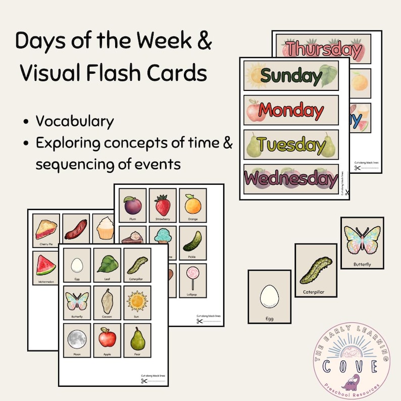 K&ouml;nnte beinhalten: Lehrreiche Lernkarten mit dem Text "Days of the Week & Visual Flash Cards". Die Karten zeigen Vokabeln und Bilder von Fr&uuml;chten, Lebensmitteln und Insekten. Die Karten dienen dazu, Zeitkonzepte und die Reihenfolge von Ereignissen zu erforschen.