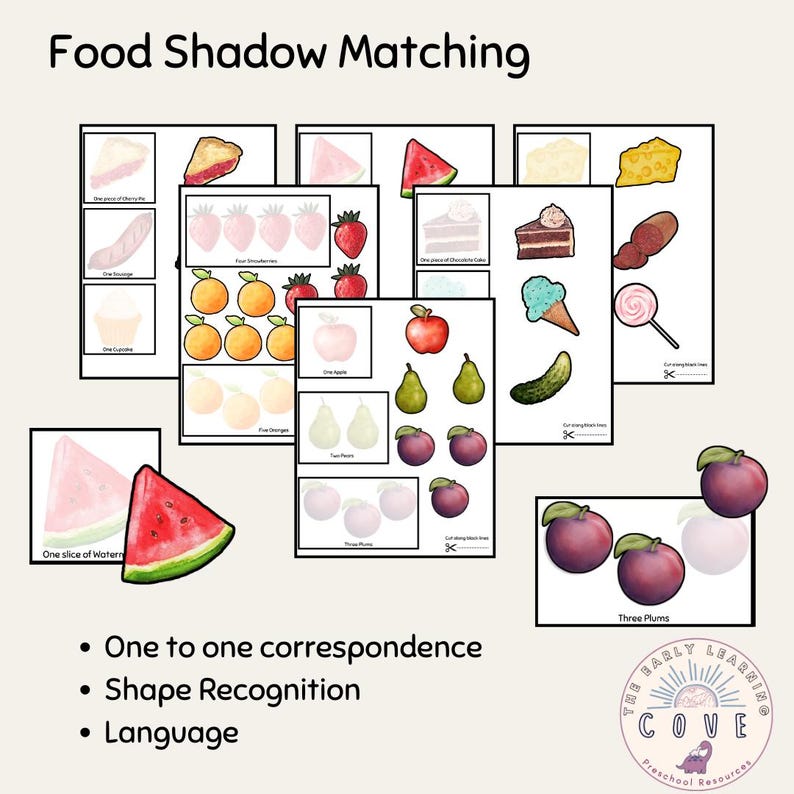 K&ouml;nnte beinhalten: Lehrreiches Bild zum Zuordnen von Lebensmittelschatten. Es zeigt Illustrationen verschiedener Lebensmittel, darunter Obst und Desserts. Der Text oben lautet "Food Shadow Matching". Der Text unten lautet "One to one correspondence", "Shape Recognition" und "Language".