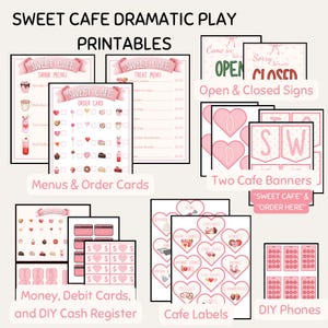 May include: Printable set of pink and white themed play cafe items for pretend play. Includes menus, order cards, open and closed signs, cafe banners, money, debit cards, a cash register, cafe labels, and DIY phones.