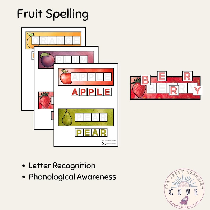 K&ouml;nnte beinhalten: Lehrreiche Arbeitsbl&auml;tter f&uuml;r das fr&uuml;he Lernen. Das Bild zeigt Obst-Rechtschreib-Arbeitsbl&auml;tter mit Illustrationen von Orange, Pflaume, Apfel, Birne und Erdbeere. Entwickelt f&uuml;r die Buchstaben- und phonologische Bewusstseinsbildung.