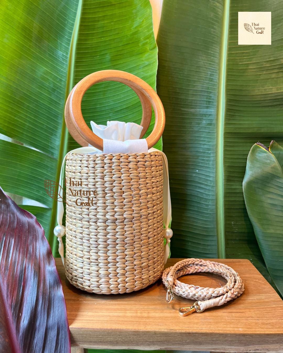 Handmade Water Hyacinth Bucket Bag: Detachable Strap, Pearl Drawstring ...