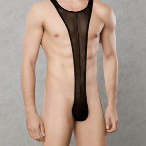 Men’s Sheer Black Thong Bodysuit - Sexy and Bold Design/See-Through Men’s Thong Bodysuit - Fantasy Lingerie/Sexy Mesh Men’s Bodysuit