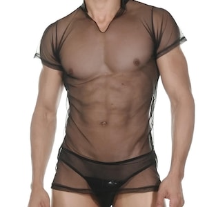 Men’s Sheer Mesh Lingerie Set – See Through T-Shirt and Thong – Sexy Clubwear Outfit – Transparent Male Bodysuit – Gay Pride Gift Idea