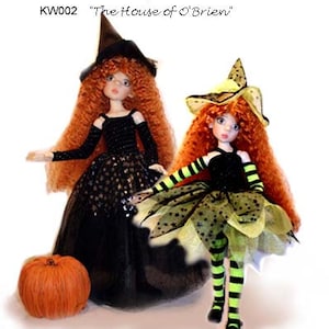 May include: A sewing pattern for making a witch costume for 18-inch dolls. The pattern includes a dress in two lengths, tights, thigh highs, glovelets, and a witch hat. The pattern is called "Bewitching Hour" and is from "The House of O'Brien".