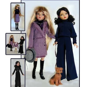 Op de afbeelding: Een set poppenkledingpatronen voor een pop genaamd Ellowyne Wilde. De patronen omvatten een gefranst jasje, een wikkelrok, wijde broekspijpen, een kraagloos jasje met 3/4 mouwen en een nep-rolkraag met of zonder mouwen.