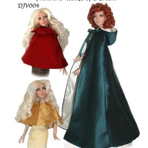 May include: Three doll-sized capes in red, green, and yellow. The capes are made for 16-inch Deja Vu dolls. The text "Cover-Ups Clothing Pattern for 16" Deja Vu dolls From the "House of O'Brien" DJV004" is at the top of the image. The text "Full length Hooded Cape, Finger Tip length cape with collar Capelett with scalloped hem." is at the bottom of the image.