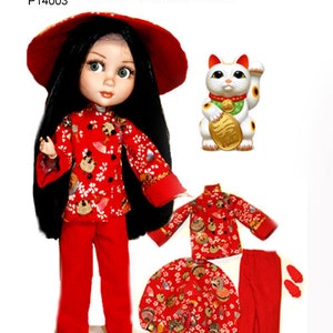 May include: A red and white clothing pattern for a 14 inch Patience or 12 inch Marley doll. The pattern includes a mandarin jacket, slip-on pants, an Asian hat, and shoes. The pattern is from the "House of O'Brien" and is labeled P14003.