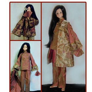 May include: A doll outfit pattern for 58-60 cm ball-jointed dolls. The pattern includes a top with contrasting cuffs, a sleeveless jacket, and evening slacks. The pattern is called "Hong Kong Surprise" and is from the "House of O'Brien".