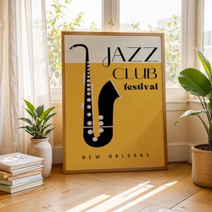 Cartel de saxofón de jazz, cartel amarillo del festival del club de jazz, decoración para amantes de la música