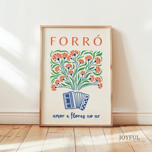 Bloemen- en kleurrijke Forró-poster | Braziliaanse muziek- en dansposter | Wandkunst met een accordeon