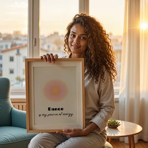 Op de afbeelding: Een ingelijst print met een roze en oranje zonnestralenontwerp en de tekst "Dance is my source of energy".