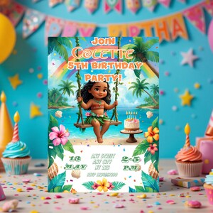 Invito di compleanno per Baby Moana, tema spiaggia tropicale, invito per festa personalizzabile, festa di compleanno per bambini, download digitale, biglietto stampabile