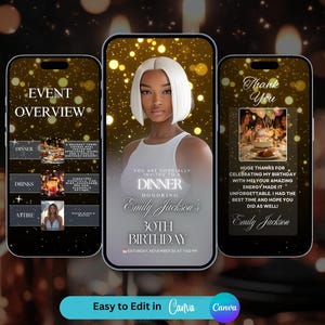 Bewerkbare verjaardagsuitnodiging diner, geanimeerde digitale sjabloon, gouden glitterthema, aanpasbare verjaardagskaart, Instant Download