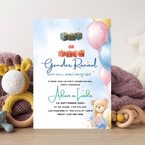 Invitación para revelar el género del bebé, descarga digital, invitación para fiesta de niño o niña, anuncio de baby shower imprimible, tarjeta de revelación de género personalizada