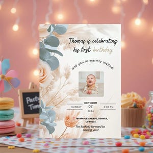 Floral Baby First Birthday Invitation Template, Editable Digital Download, Customizable Birthday Invite, Baby Boy Birthday