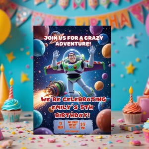 Verjaardagsuitnodiging voor ruimteavontuur, uitnodiging voor kinderverjaardagsfeestje, digitale download, aanpasbare sjabloon, bewerkbare tekst, leuk ontwerp