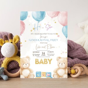 Faire-part de révélation de sexe de lui ou elle, invitation imprimable de baby shower, invitation de révélation de sexe d'ours en peluche, carte de révélation de sexe modifiable