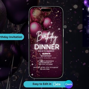 Geanimeerde dinerverjaardagsuitnodiging, bewerkbare digitale sjabloon, thema glitterballonnen, directe toegang, aanpasbare tekst, evenement uitnodigen