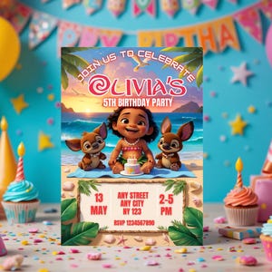 Invito di compleanno per Baby Moana, invito per festa in spiaggia tropicale, biglietto di compleanno per bambini stampabile, download digitale personalizzabile
