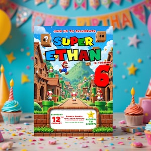 Super Mario Geburtstagseinladung, feiern Sie mit, Super Ethan wird 6, lustige Mario Party, bunte Geburtstagskarte